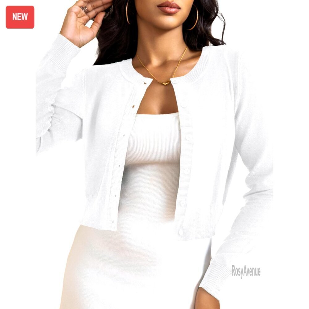 Cropped Cardigan Bolero Shrug Button Down Long Sleeve Knit Sweater Chic